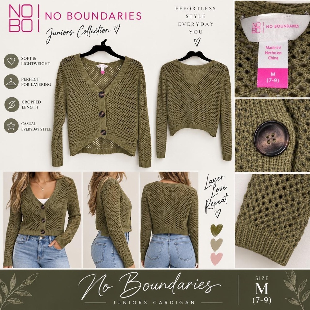 No Boundaries Olive Green Open Knit Cropped Cardigan Sweater Juniors Medium 7-9